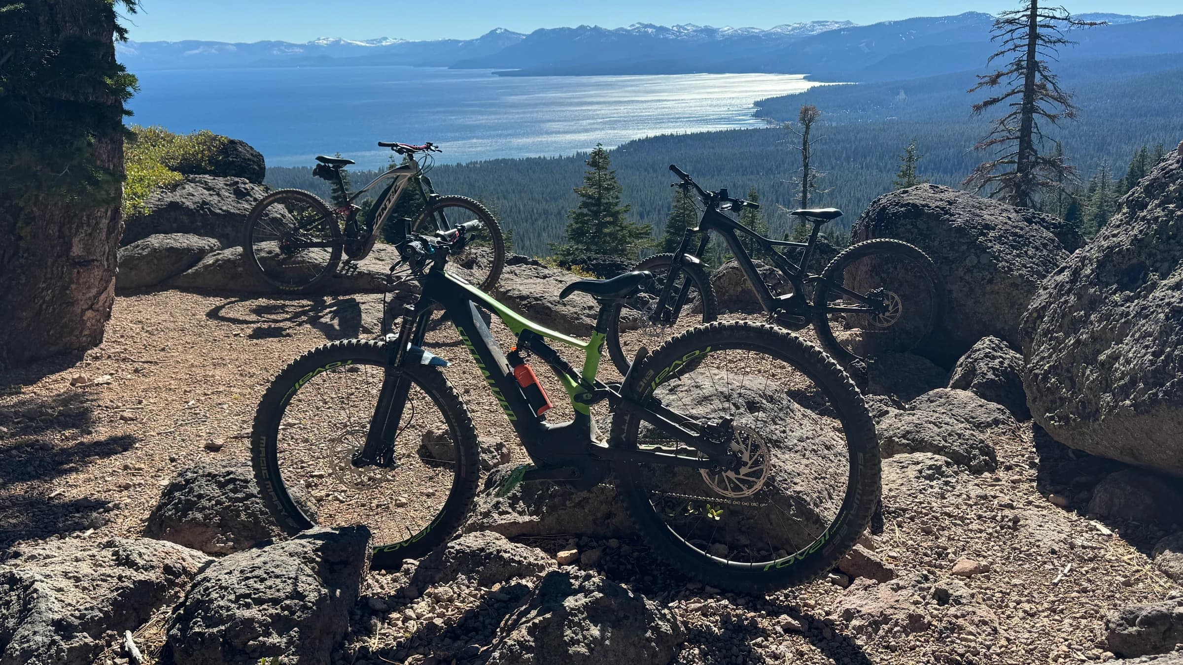 Fantic e-mountain bikes overlooking Lake Tahoe