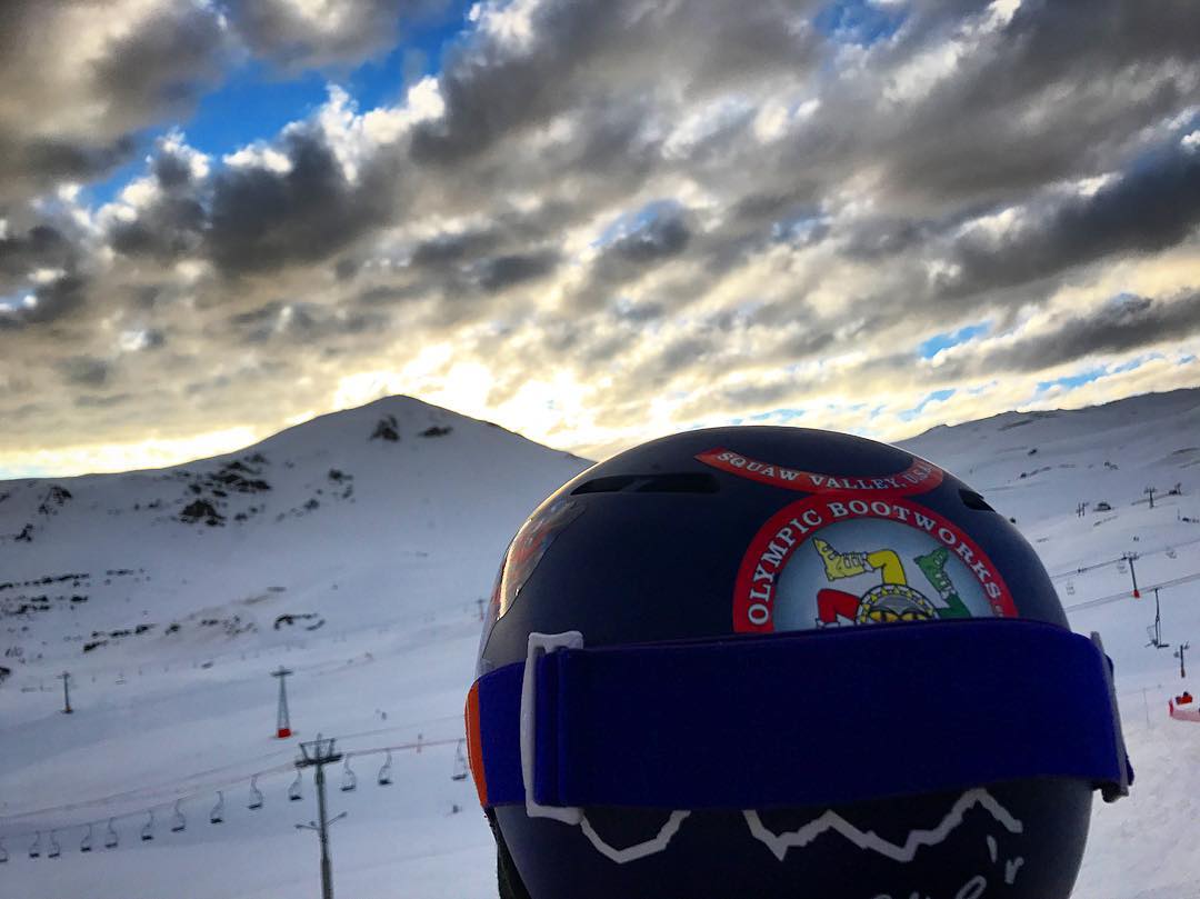 Olympic Bootworks sticker on ski helmet